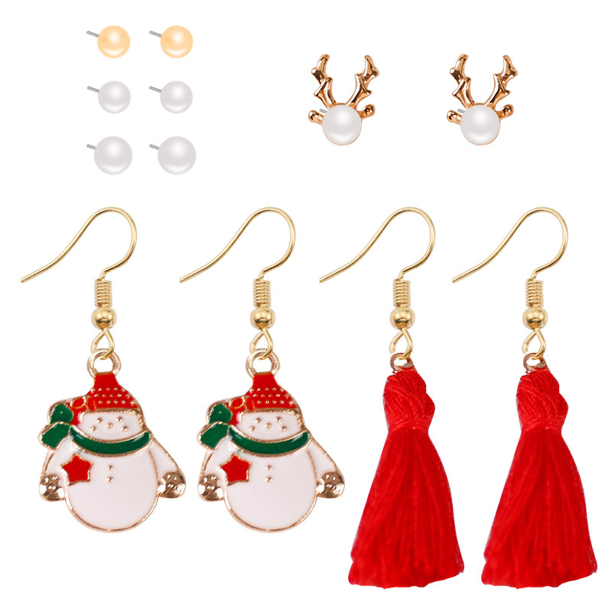 Pearl & Red Reindeer Snowman Tassel Stud & Drop Earrings Set
