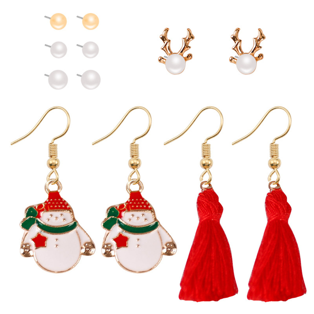 Pearl and Red Reindeer Snowman Tassel Stud and Drop Earrings Set, stud earrings for women, everyday style, detail close-up
