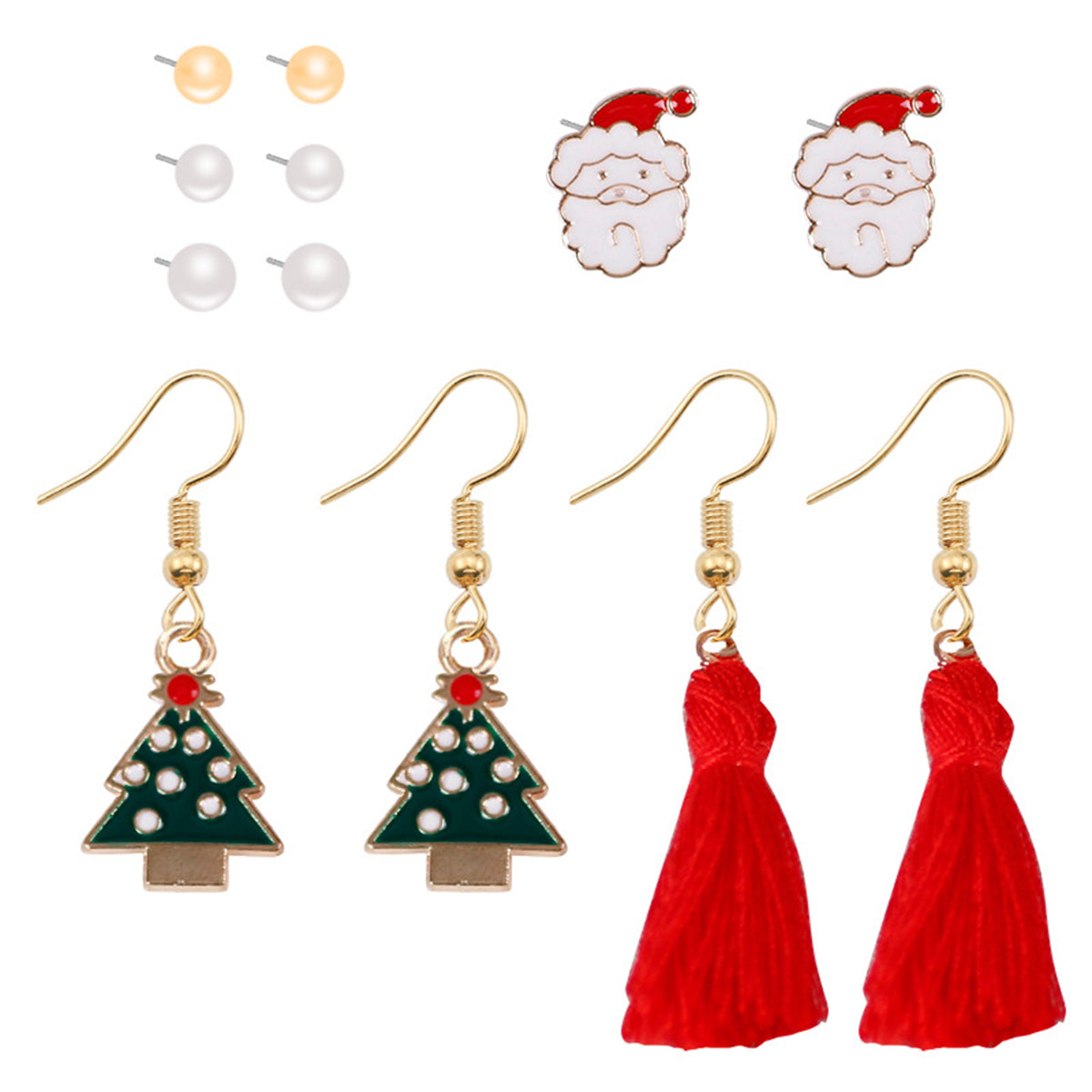 Pearl & Red Christmas Tree Santa Tassel Stud & Drop Earrings Set