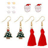 Pearl & Red Christmas Tree Santa Tassel Stud & Drop Earrings Set