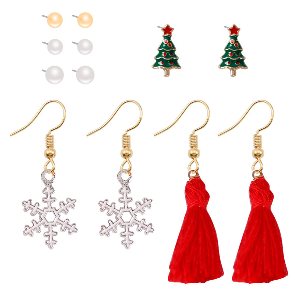 Pearl and Red Christmas Tree Snowflake Tassel Stud and Drop Earrings Set, stud earrings for women, detail close-up