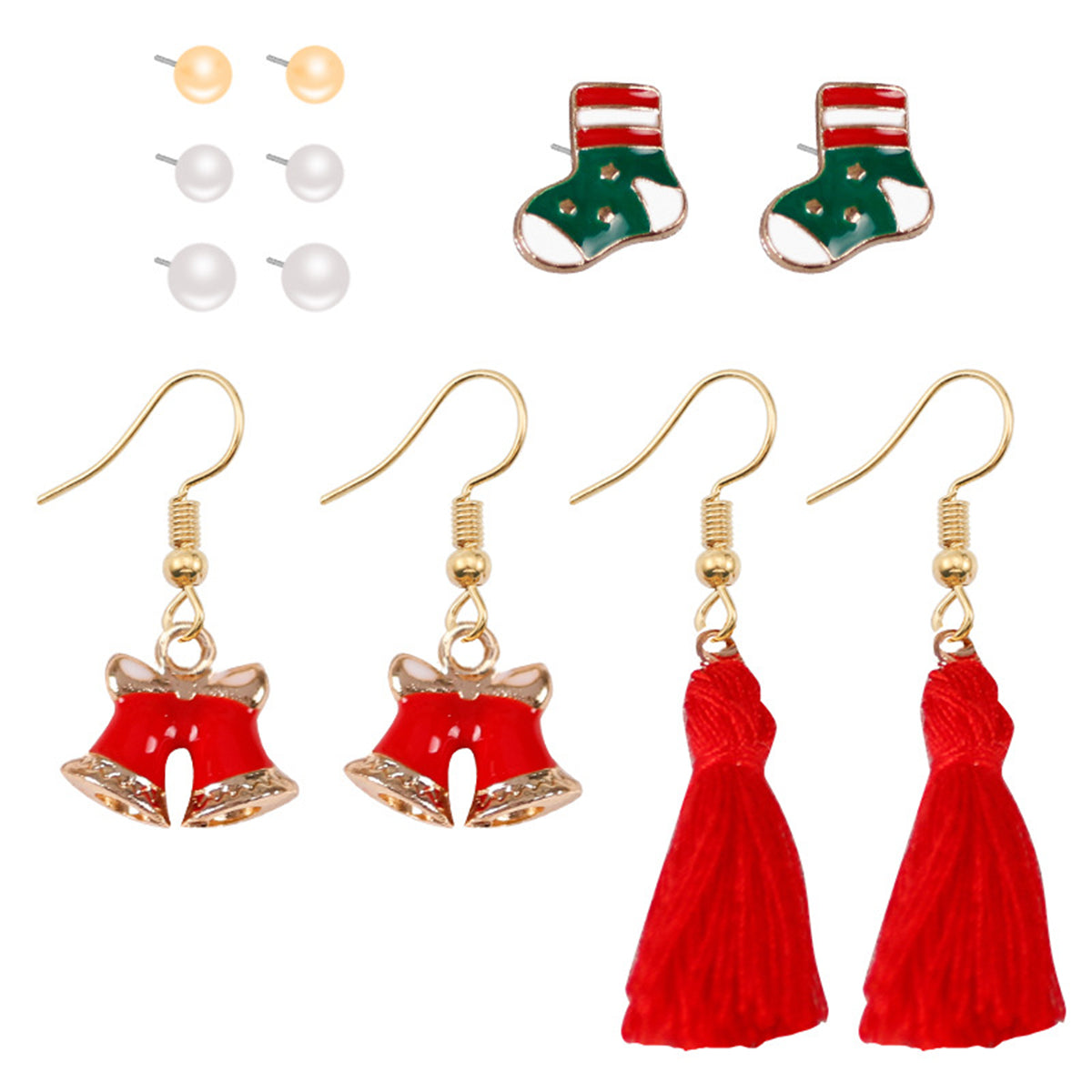 Pearl & Red Stocking Bell Tassel Stud & Drop Earrings Set