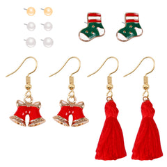Pearl & Red Stocking Bell Tassel Stud & Drop Earrings Set