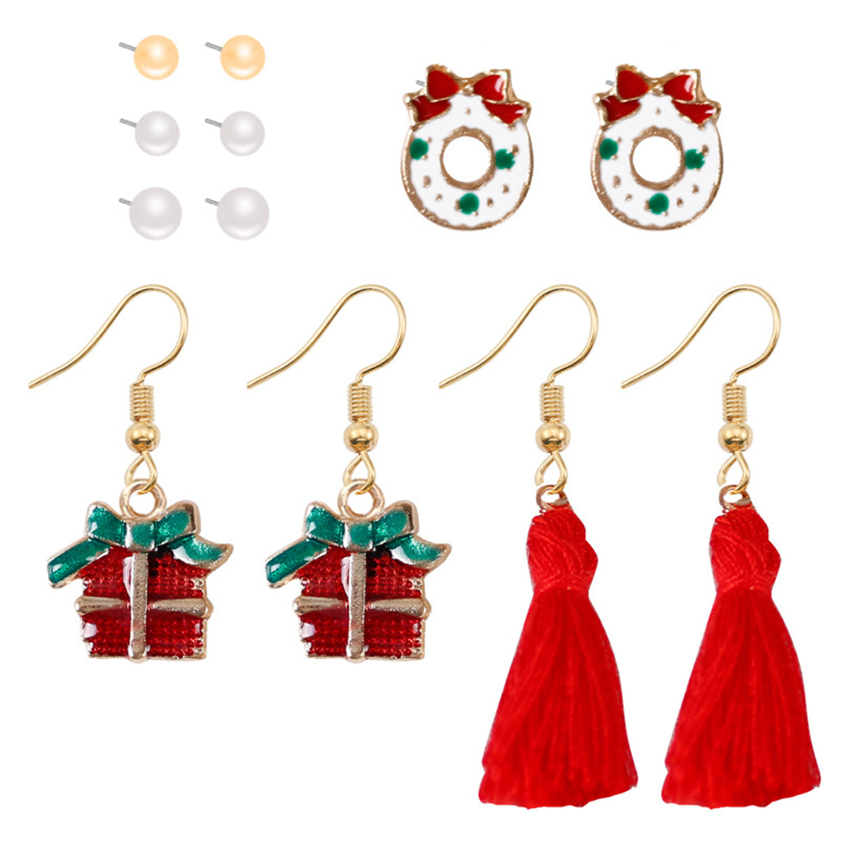 Pearl and Red Gift Box Bow Tassel Stud and Drop Earrings Set, stud earrings for women, detail close-up