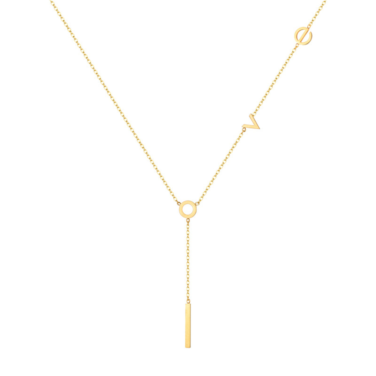 18K Gold-Plated 'Love' Lariat Necklace, gold pendant necklace for women, vintage-inspired design, front view