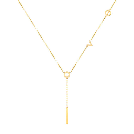 18K Gold-Plated 'Love' Lariat Necklace, gold pendant necklace for women, vintage-inspired design, front view