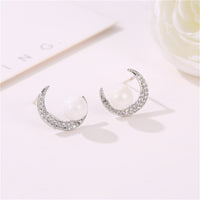 Cubic Zirconia & Pearl Silver-Plated Crescent Stud Earrings