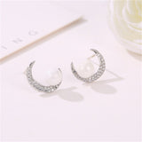 Cubic Zirconia & Pearl Silver-Plated Crescent Stud Earrings