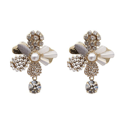 Cubic Zirconia and Acrylic 18K Gold-Plated Flower Ear Jackets, gold drop earrings for women, botanical inspired, front view