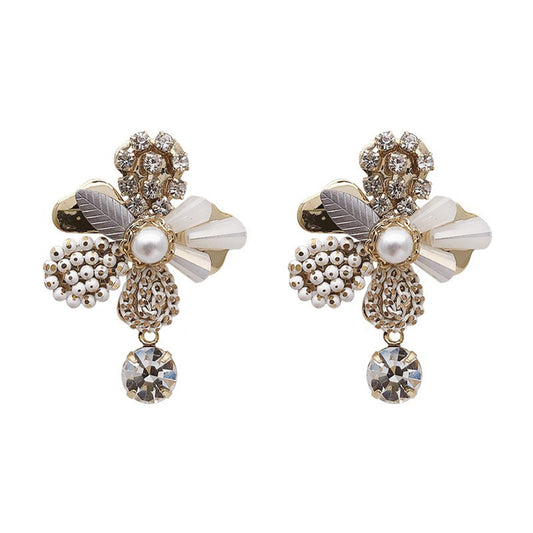 Cubic Zirconia and Acrylic 18K Gold-Plated Flower Ear Jackets, gold drop earrings for women, botanical inspired, front view