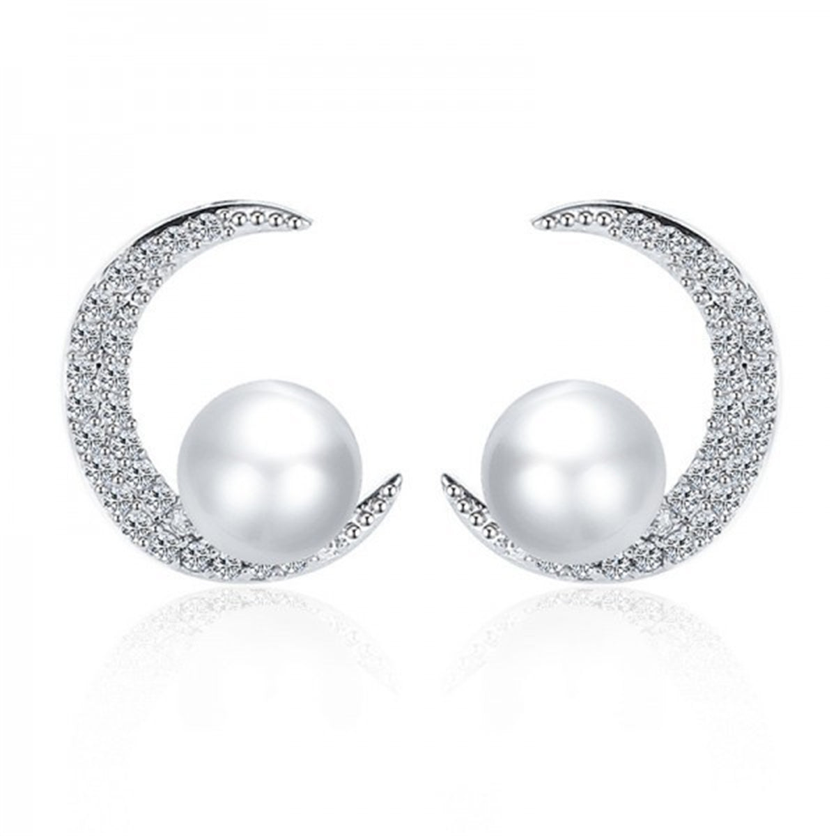Cubic Zirconia & Pearl Silver-Plated Crescent Stud Earrings