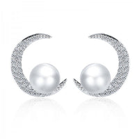 Cubic Zirconia & Pearl Silver-Plated Crescent Stud Earrings