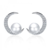 Cubic Zirconia & Pearl Silver-Plated Crescent Stud Earrings