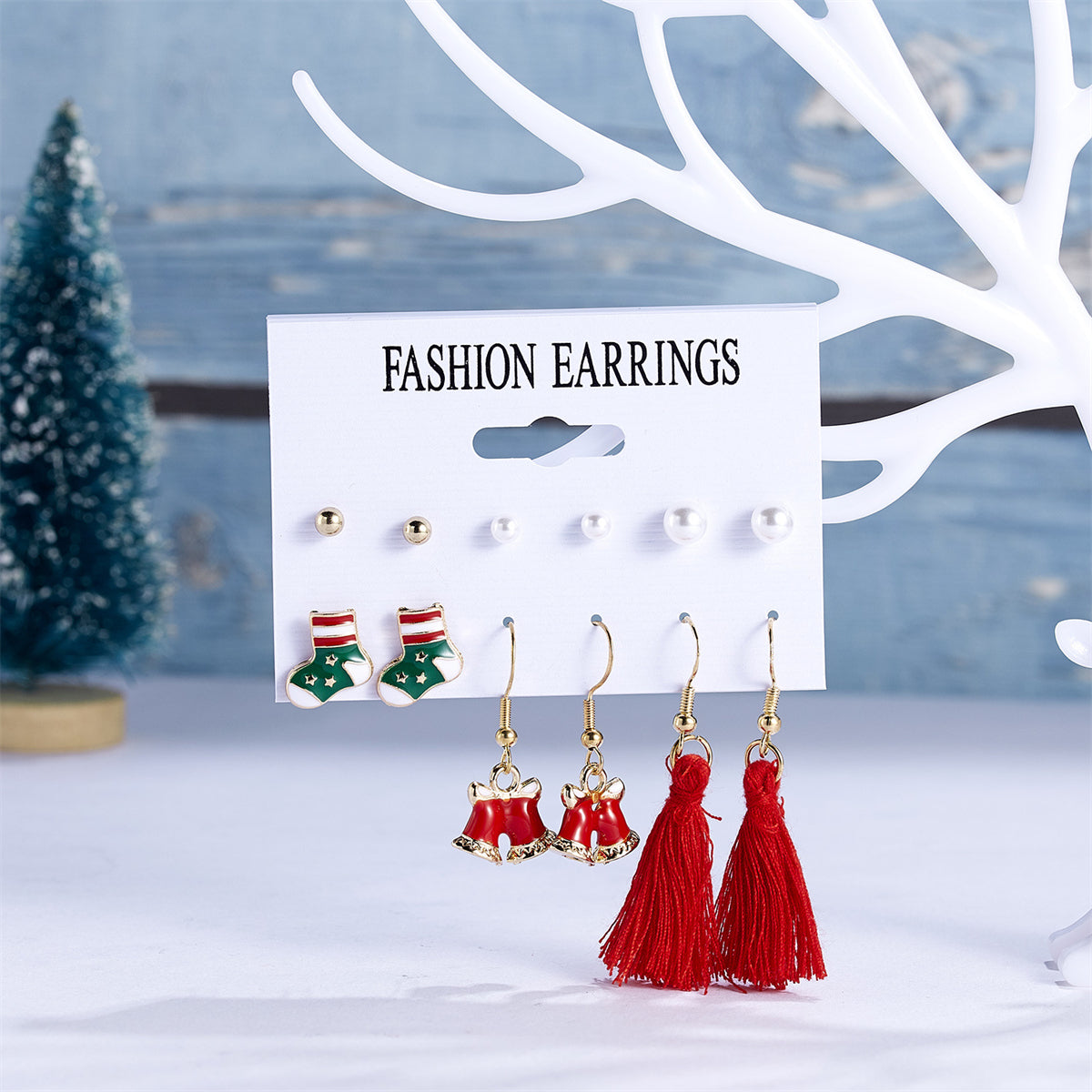 Pearl & Red Stocking Bell Tassel Stud & Drop Earrings Set