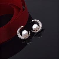 Cubic Zirconia & Pearl Silver-Plated Crescent Stud Earrings