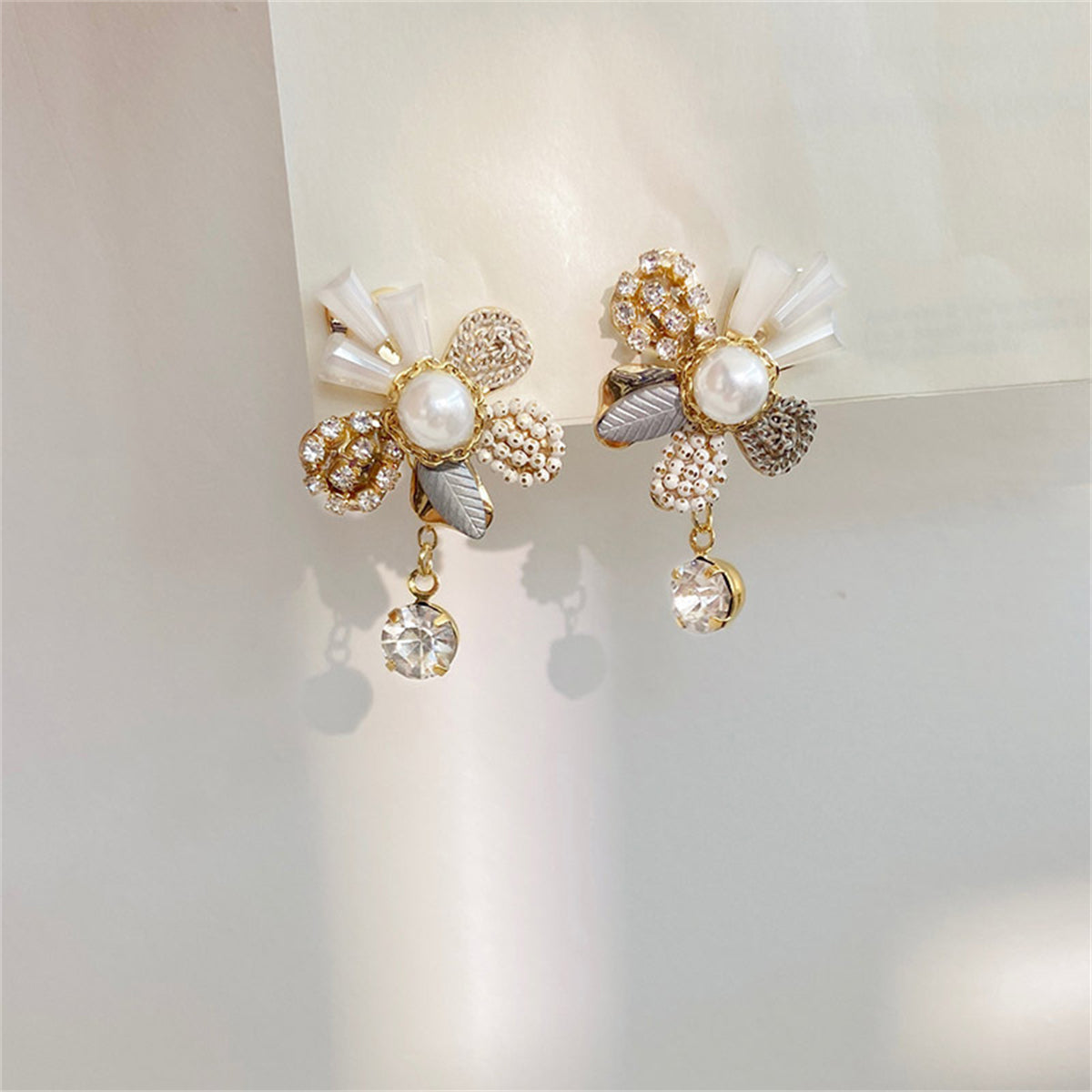 Cubic Zirconia and Acrylic 18K Gold-Plated Flower Ear Jackets, gold drop earrings for women, botanical inspired, side view