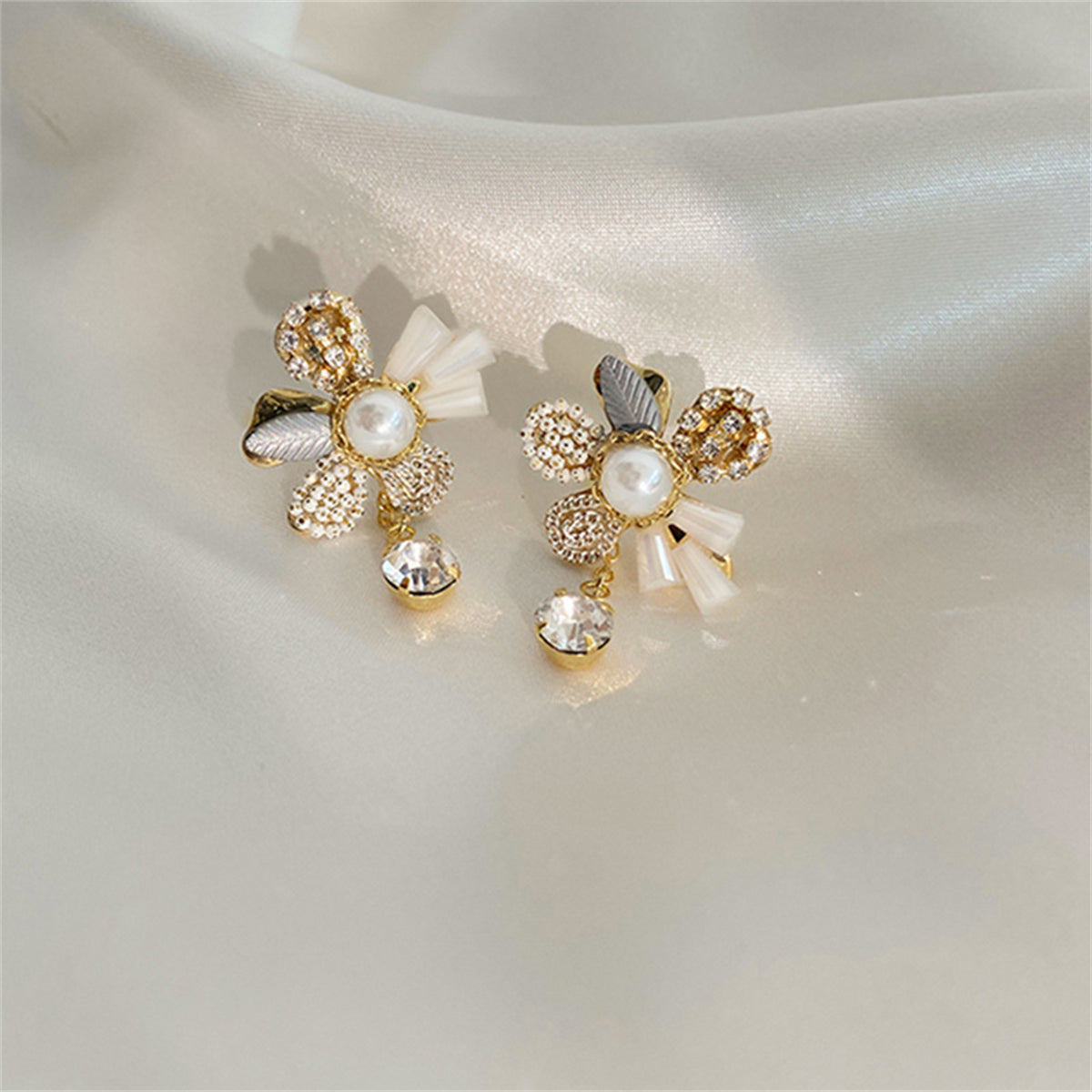 Cubic Zirconia and Acrylic 18K Gold-Plated Flower Ear Jackets, gold drop earrings for women, detail close-up