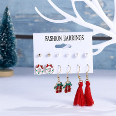 Pearl & Red Gift Box Bow Tassel Stud & Drop Earrings Set