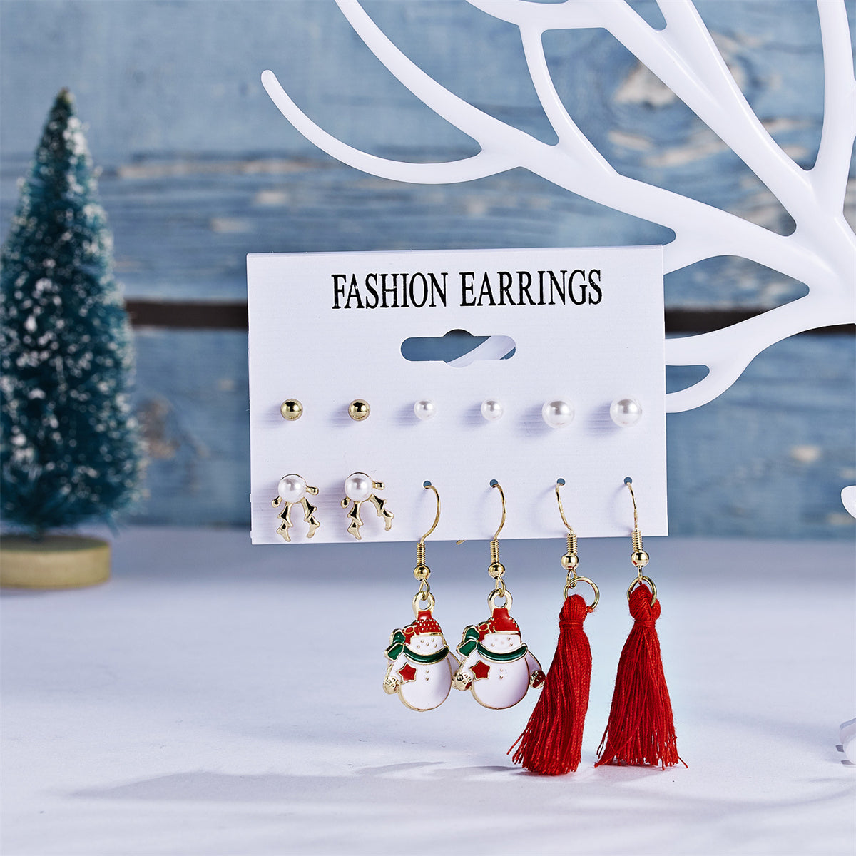 Pearl and Red Reindeer Snowman Tassel Stud and Drop Earrings Set, stud earrings for women, everyday style, lifestyle look