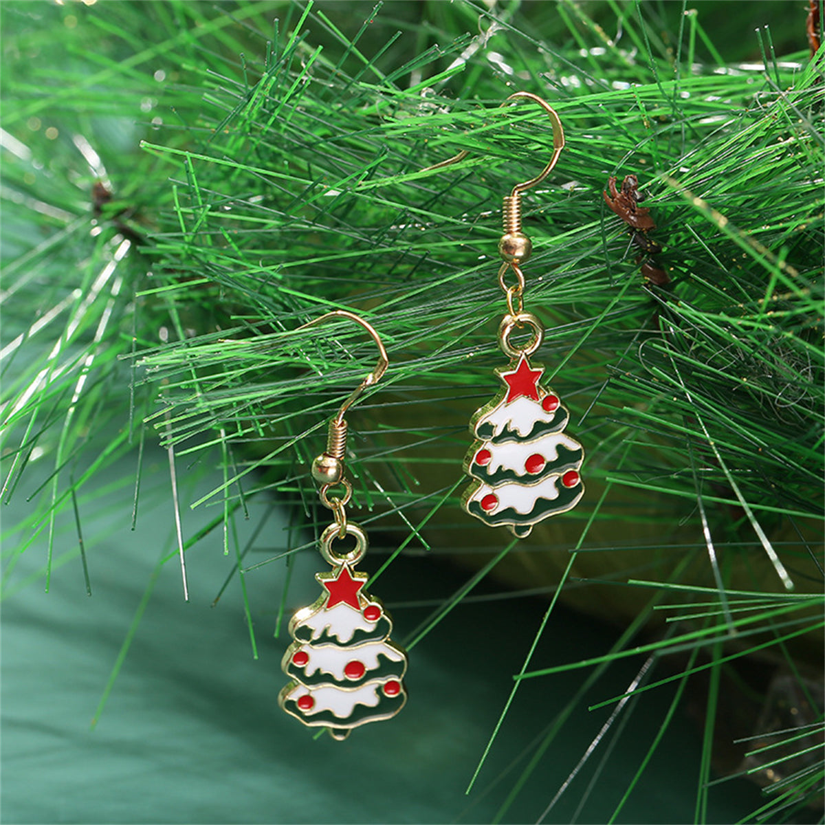 Multicolor Enamel and 18K Gold-Plated Christmas Tree Drop Earrings, gold drop earrings for women, detail close-up
