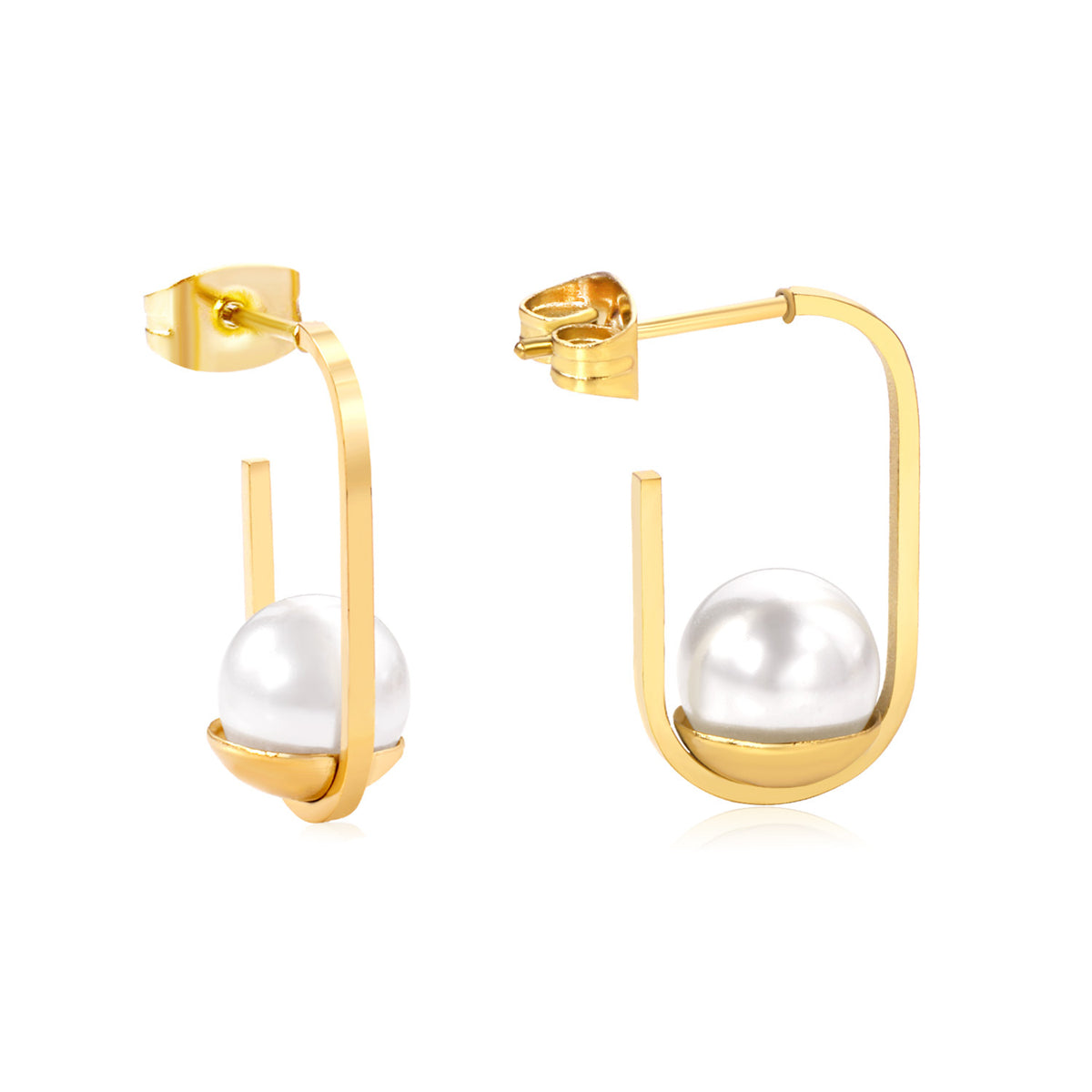 Pearl and 18K Gold-Plated Oval Huggie Earring, gold huggie earrings, vintage-inspired design, front view