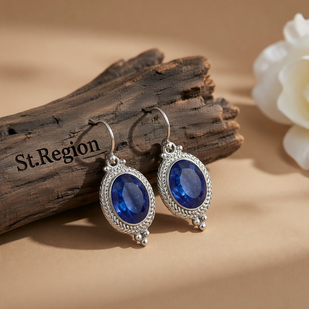 Blue Crystal and Silver-Plated Oval-Cut Drop Earrings, silver drop earrings for women, vintage-inspired design, front view