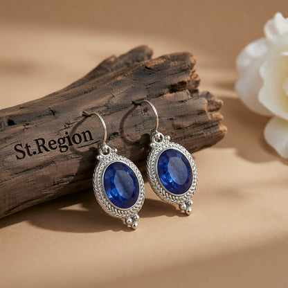 Blue Crystal and Silver-Plated Oval-Cut Drop Earrings, silver drop earrings for women, vintage-inspired design, front view