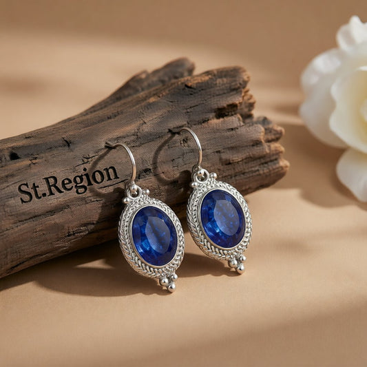 Blue Crystal and Silver-Plated Oval-Cut Drop Earrings, silver drop earrings for women, vintage-inspired design, front view