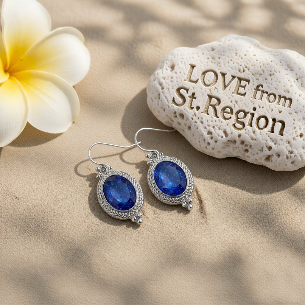Blue Crystal and Silver-Plated Oval-Cut Drop Earrings, silver drop earrings for women, lifestyle look