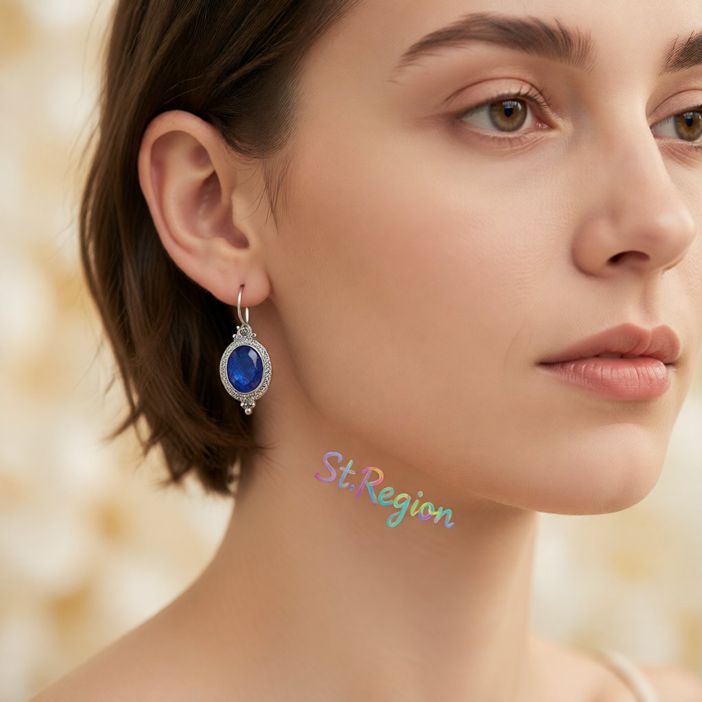 Blue Crystal and Silver-Plated Oval-Cut Drop Earrings, silver drop earrings for women, vintage-inspired design, styled look