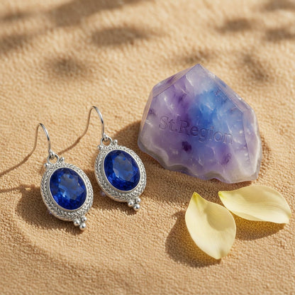 Blue Crystal and Silver-Plated Oval-Cut Drop Earrings, silver drop earrings for women, detail close-up