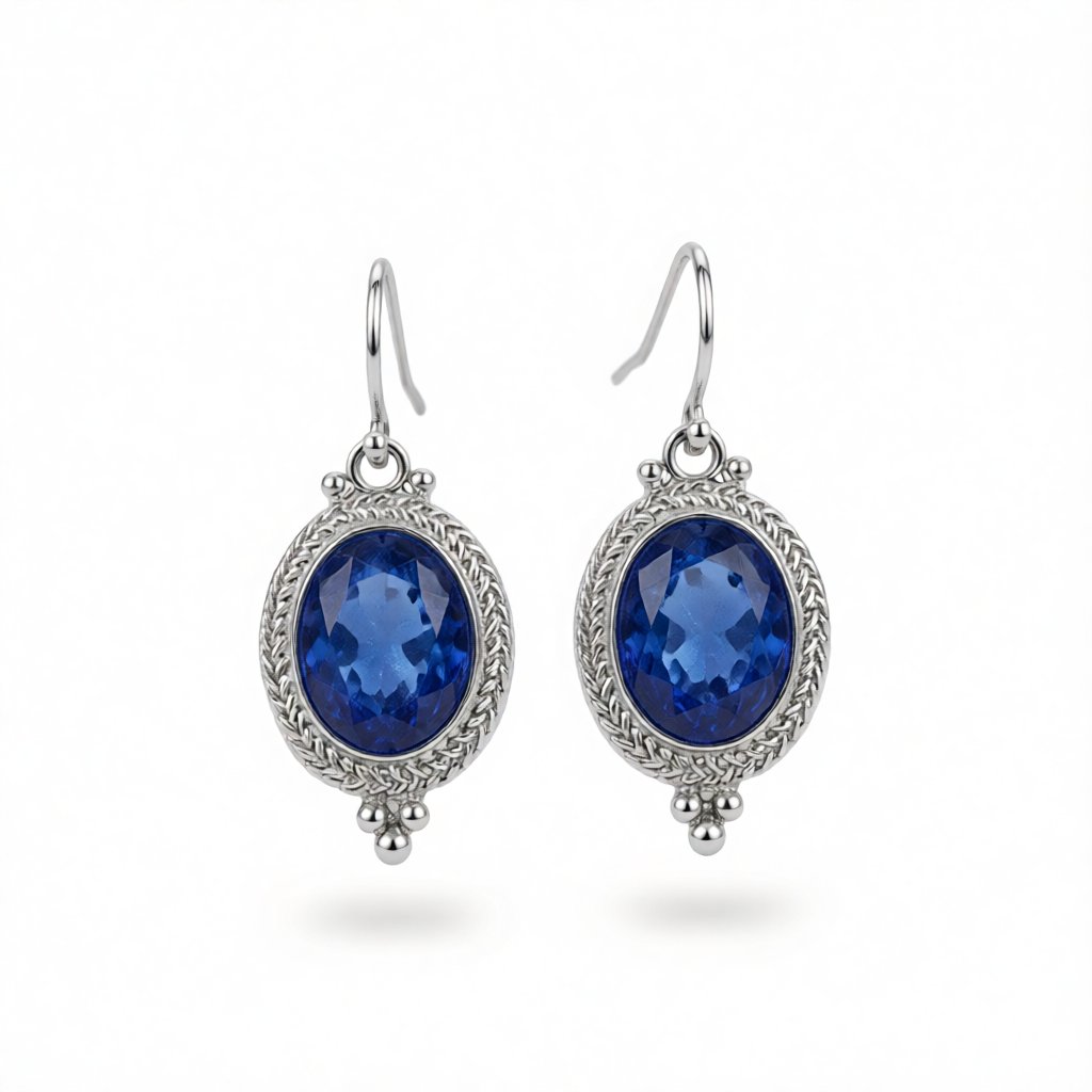 Blue Crystal and Silver-Plated Oval-Cut Drop Earrings, silver drop earrings for women, vintage-inspired design, side view
