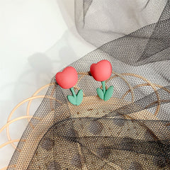 Pink & Green Enamel Tulip Stud Earrings