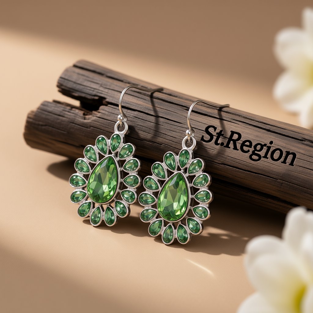 Green Crystal and Silver-Plated Peacock Drop Earrings, silver drop earrings for women, dainty minimalist design, front view