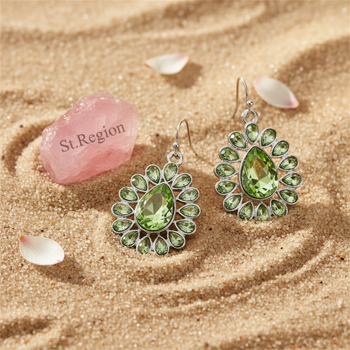 Green Crystal and Silver-Plated Peacock Drop Earrings, silver drop earrings for women, detail close-up
