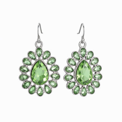 Green Crystal and Silver-Plated Peacock Drop Earrings, silver drop earrings for women, dainty minimalist design, side view