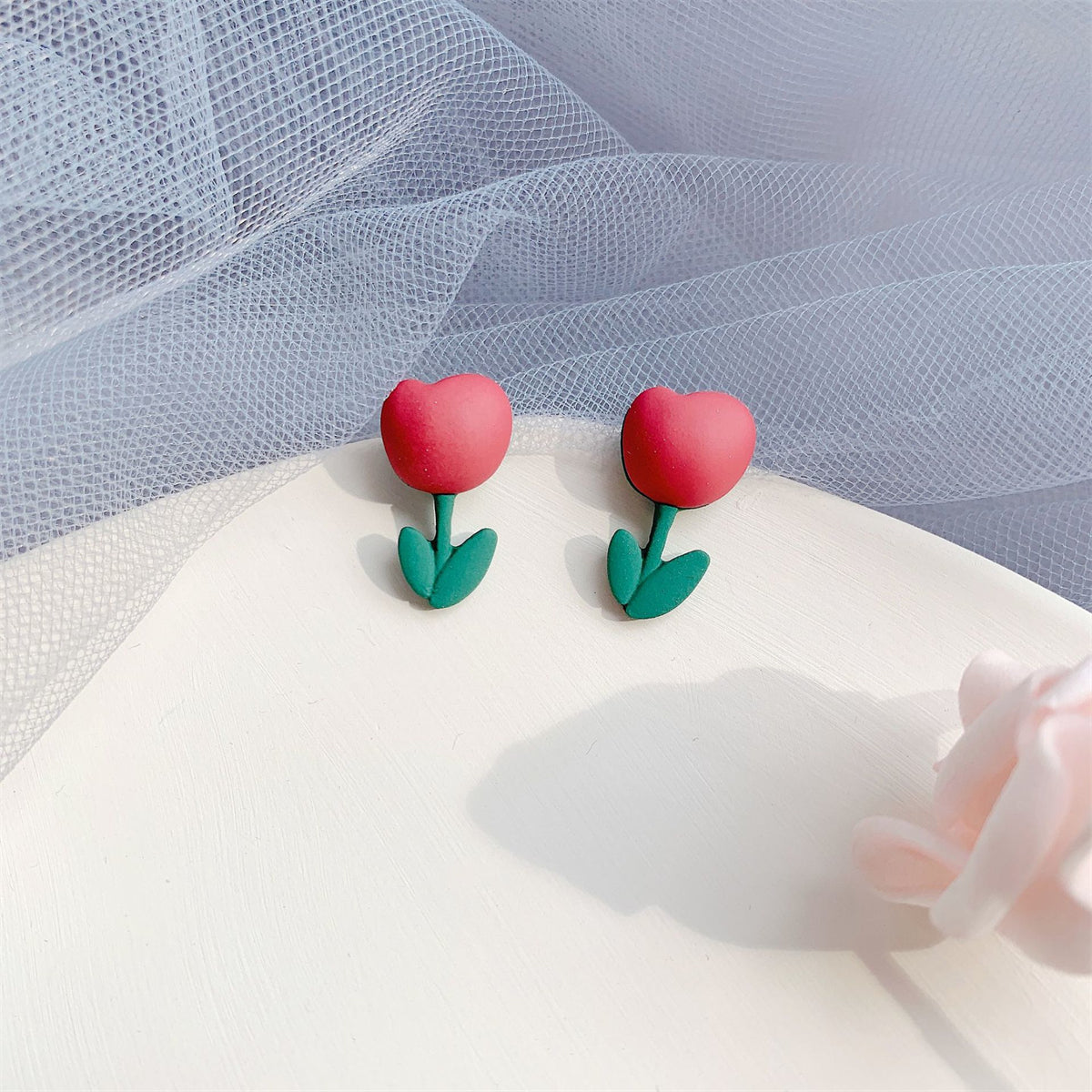 Pink & Green Enamel Tulip Stud Earrings