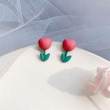 Pink & Green Enamel Tulip Stud Earrings