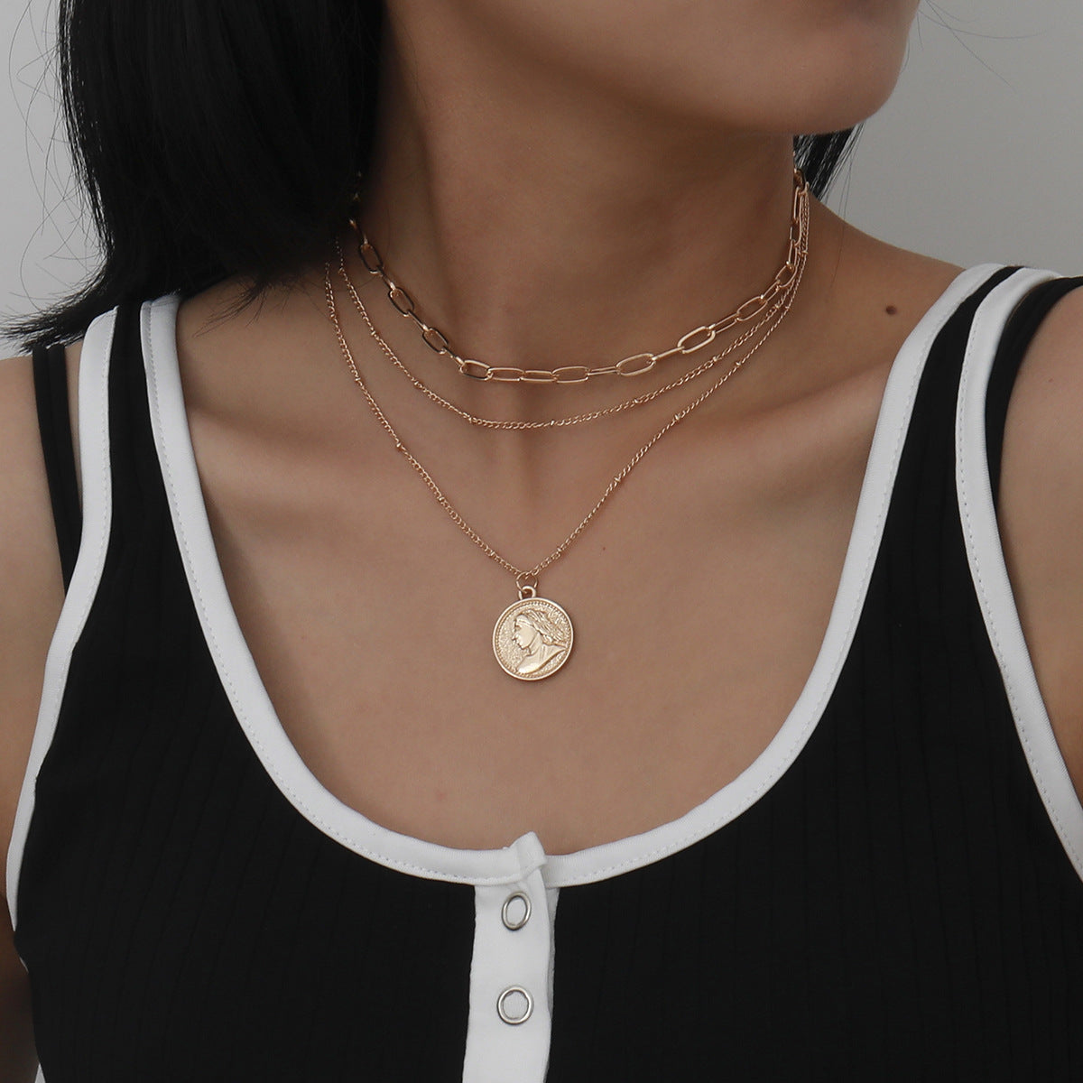 18K Gold-Plated Coin Layered Pendant Necklace, gold pendant necklace for women, elegant gift for her, front view