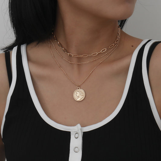 18K Gold-Plated Coin Layered Pendant Necklace, gold pendant necklace for women, elegant gift for her, front view