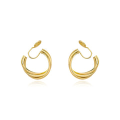 Two exquisite 18K gold-plated crisscross hoop earrings displayed on soft silk fabric, highlighting their elegance and craftsmanship.