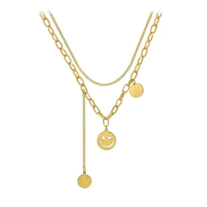 18K Gold-Plated 'I Love You' Smiley Drop Layered Necklace, gold pendant necklace for women, botanical inspired, front view