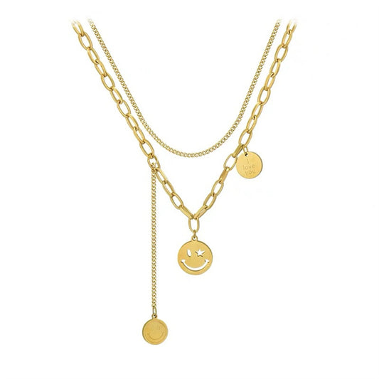 18K Gold-Plated 'I Love You' Smiley Drop Layered Necklace, gold pendant necklace for women, botanical inspired, front view
