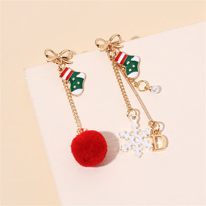 Pearl and Red Stocking Snowflake Pom-Pom Mismatch Drop Earrings, drop earrings for women, elegant gift for her, side view