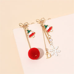 Pearl & Red Christmas Tree Snowflake Pom-Pom Mismatch Drop Earrings