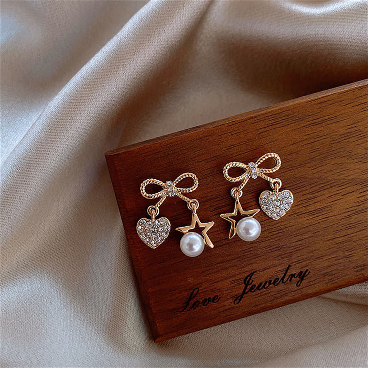 Cubic Zirconia and Pearl 18K Gold-Plated Bow Heart Star Drop Earrings, gold drop earrings for women, front view
