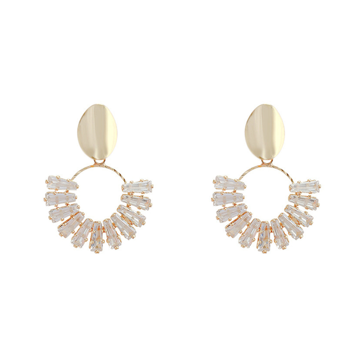 Stylish 18K gold-plated earrings featuring a crystal circle drop design, beautifully crafted in gold and white for a luxurious touch.