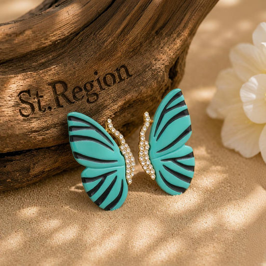 Blue Enamel and Cubic Zirconia 18K Gold-Plaed Butterfly Stud Earrings, cubic zirconia stud earrings for women, front view