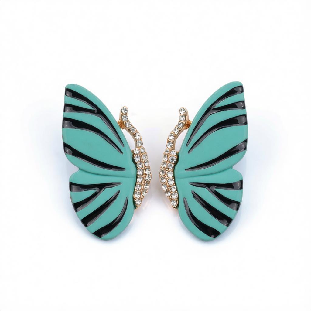 Blue Enamel and Cubic Zirconia 18K Gold-Plaed Butterfly Stud Earrings, gold stud earrings for women, side view