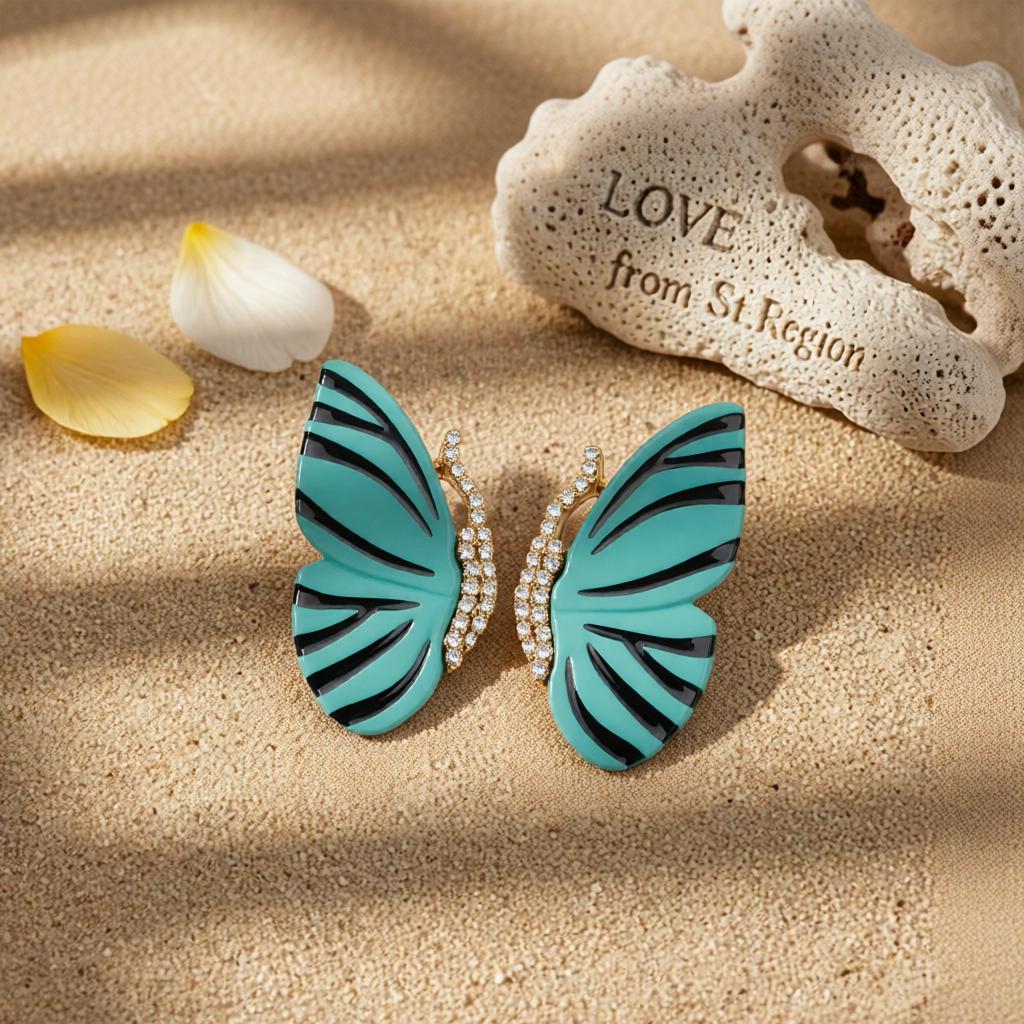 Blue Enamel and Cubic Zirconia 18K Gold-Plaed Butterfly Stud Earrings, gold stud earrings for women, lifestyle look